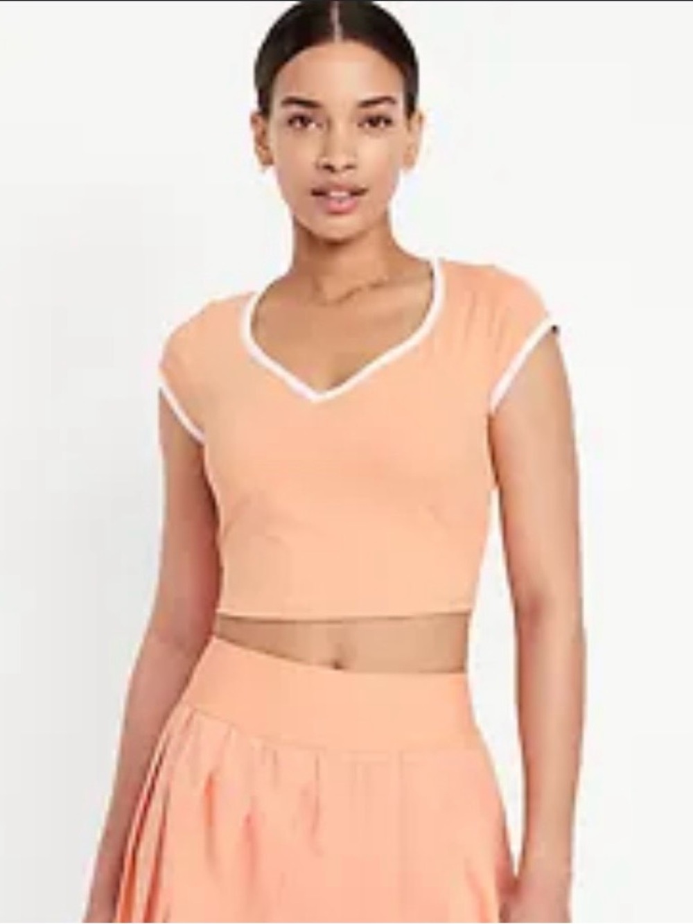 Old Navy Peach V-Neck Cap Sleeve Crop Top with White Trim